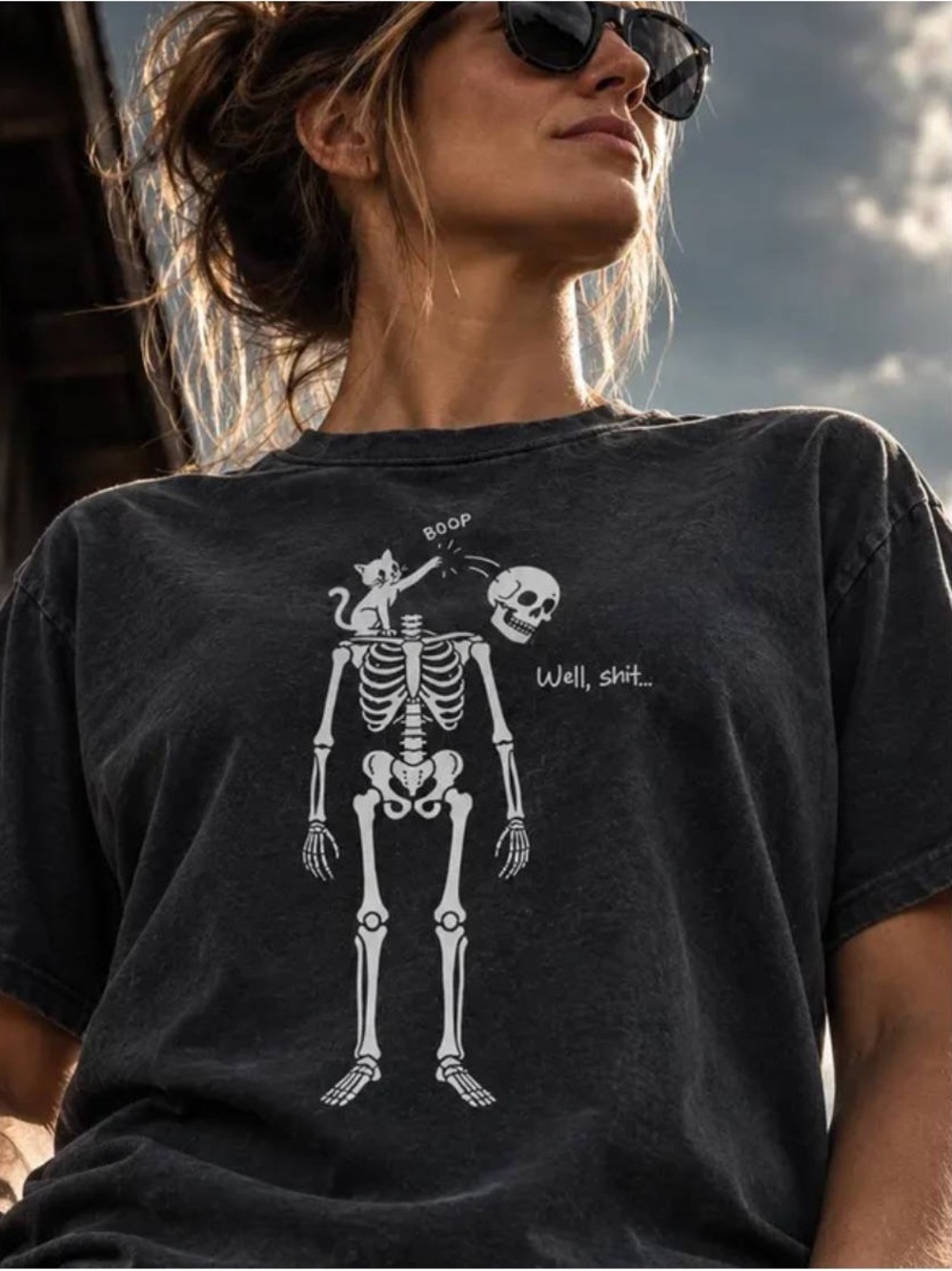 Comfort Color Cute Skeleton & Cat Graphic Tee - Halloween Shirt